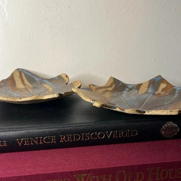 Handmade Pottery Blue Brown Drip Glaze Oak and Maple Leaf Trinket Trays - Picture 4 of 8